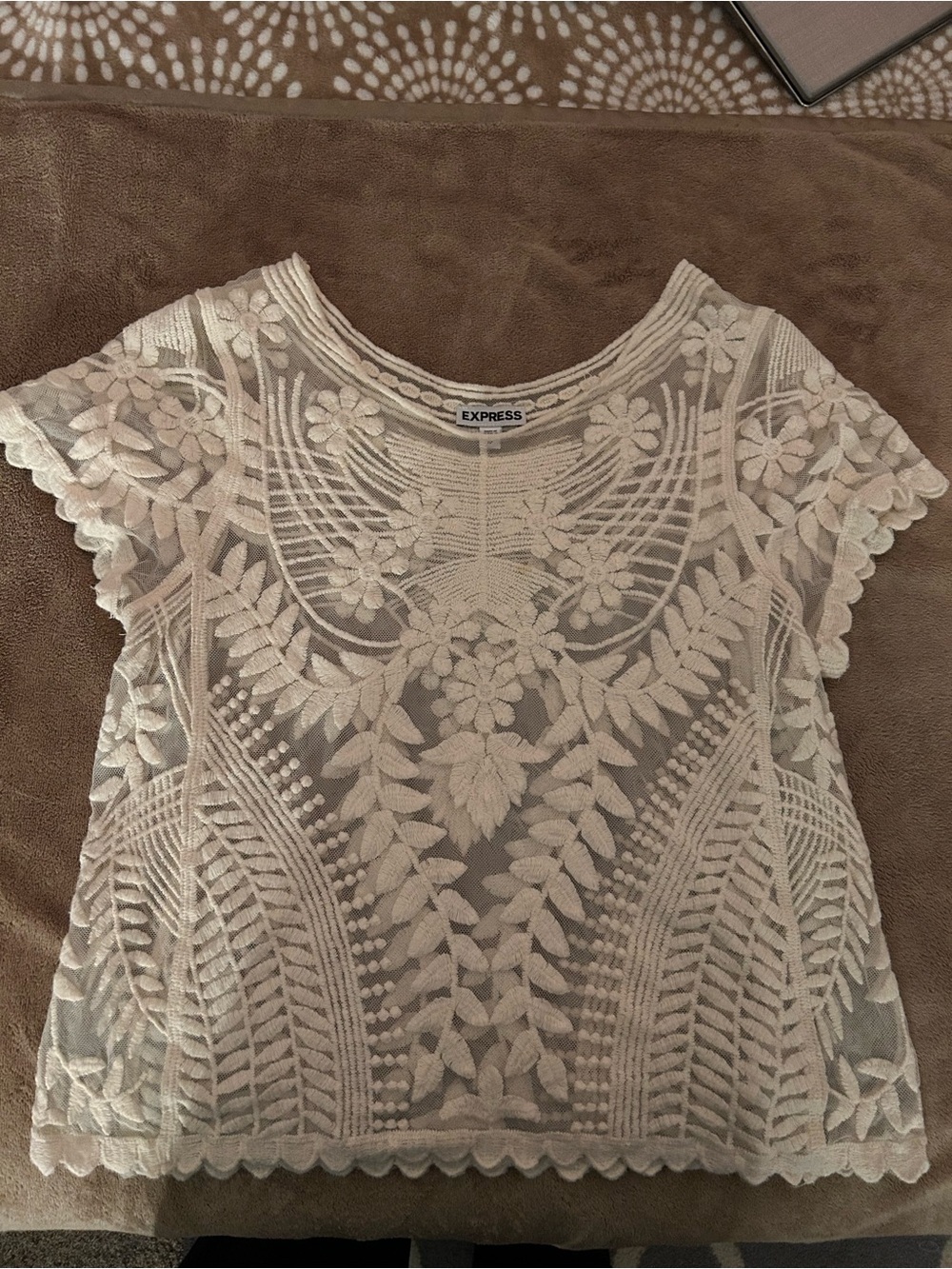 Express White Floral Embroidered Sheer Short Sleeve Top